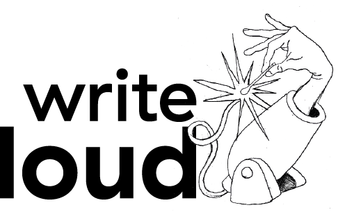 Een hand komt uit een kanon en steekt zelf de lond aan. Daarnaast staat de tekst "write loud"